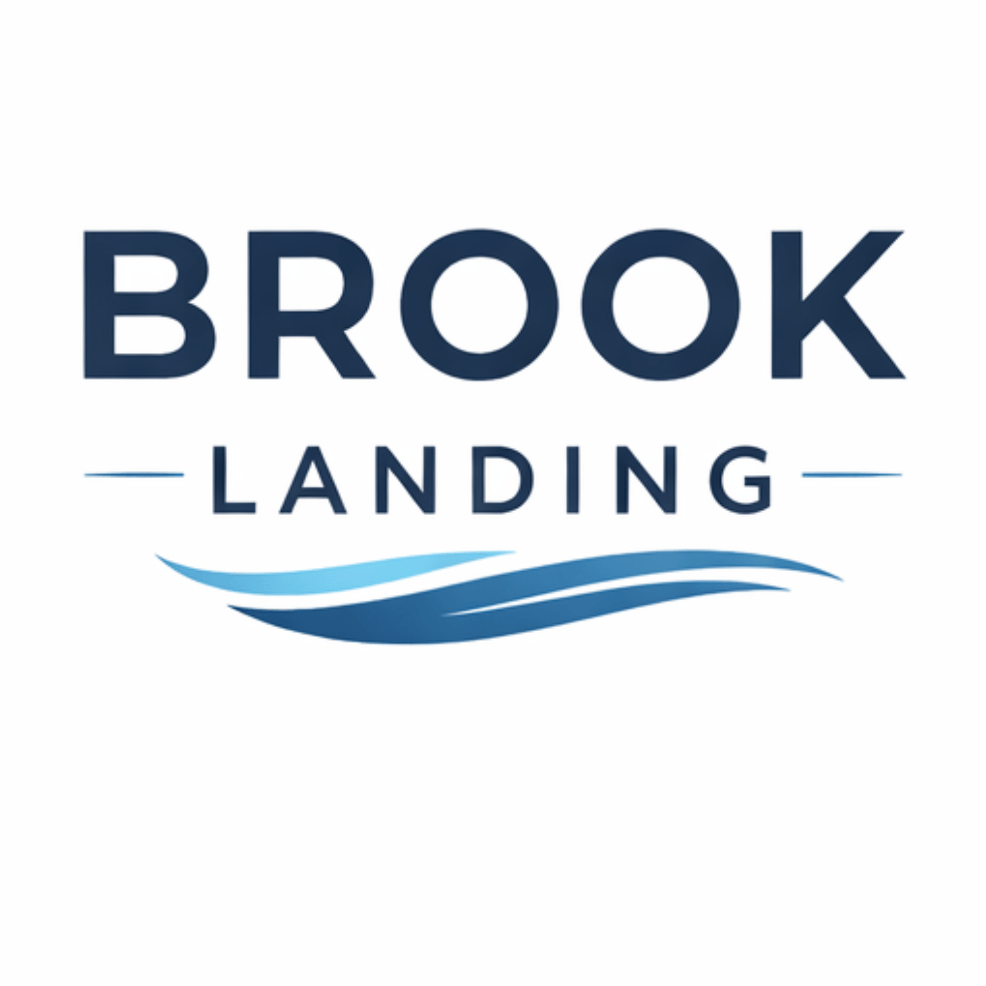 A logo with the words "BROOK LANDING" in blue with a wave design underneath.